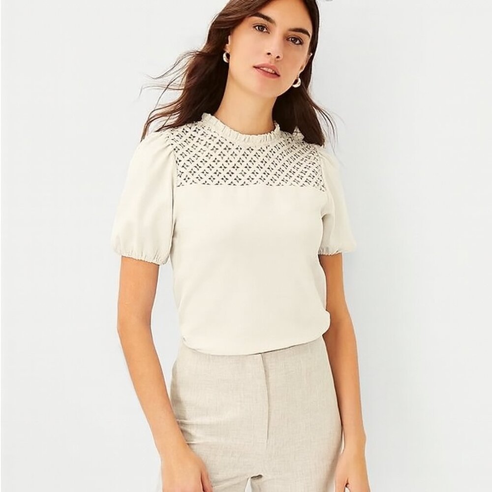 Ann Taylor Ivory Lace Mixed Media Top – Size Large – Worn Once!
